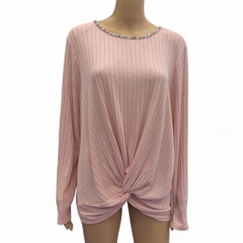 Juicy Couture Pink Ribbed Knit Top Embellished Jeweled Neckline Knotted XXL